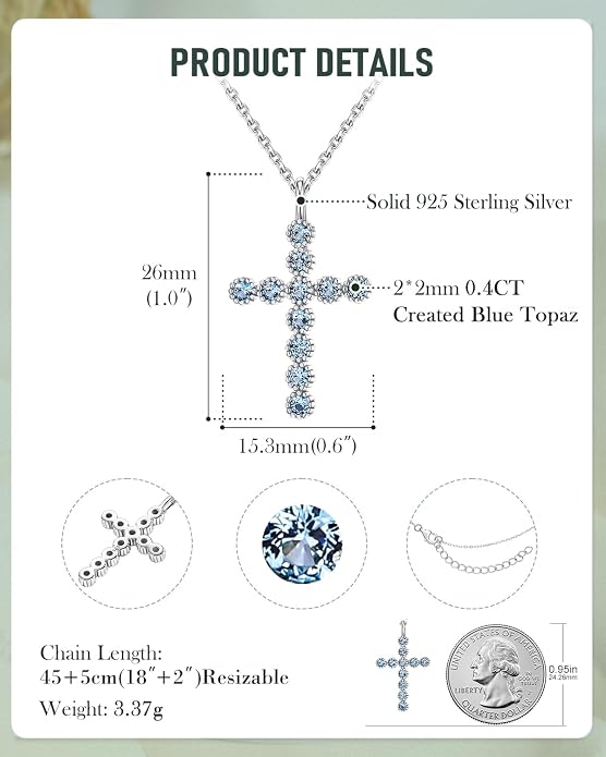 925 Sterling Silver 18 inch Birthstone Cross Pendant Necklace for Women Men