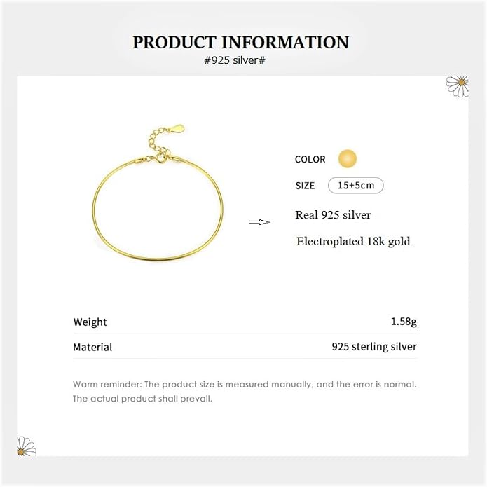 Dainty Gold Plated Sterling Silver Adjustable Bracelets for Women Cute Tiny Snake Bone Chain Bracelet Minimalist Handmade Tarnish Free Jewelry Gift