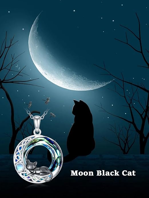 TOUPOP Cat Necklace Gifts for Women Sterling Silver Celtic Mounatin Moon Pendant with Blue Crystal Birthday Christmas Jewelry Gifts for Women