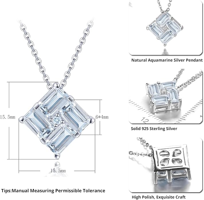 Natural Aquamarine Pendant Necklace for Women S925 Sterling Silver Gemstone March Birthstone Square Elegant Charm Fine Jewelry for Birthday