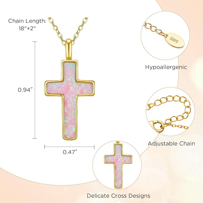 NORBU S925 Opal Cross Necklace for Women, Sterling Silver Opal Gemstone Womens Cross Necklaces, Cross Pendant with 5A Cubic Zirconia, Women's October Birthstone Jewelry Gifts for Birthday, Anniversary, Christmas