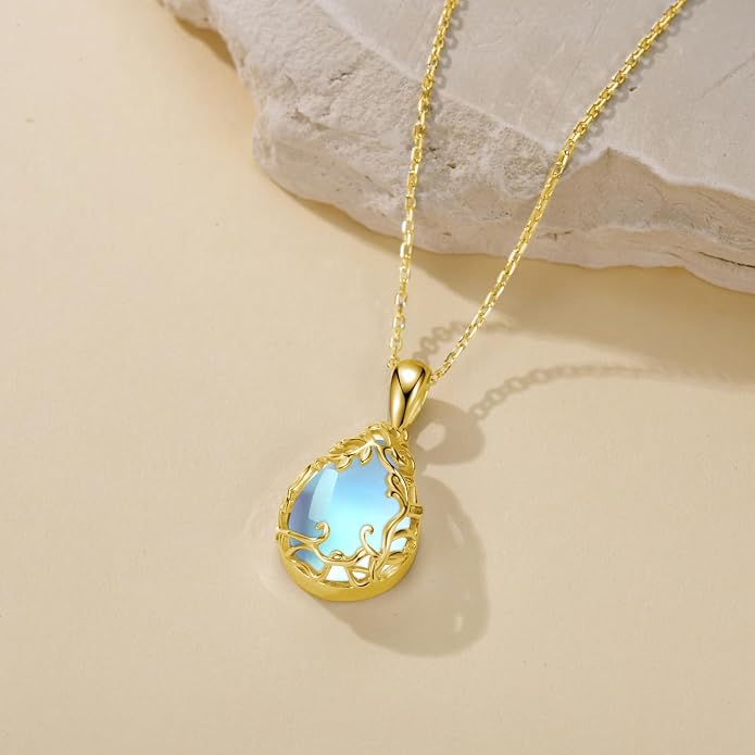 Teardrop Moonstone/Turquoise Necklace for Women 925 Sterling Silver Cage Filigree Necklaces Anniversary Birthday Jewelry Gift for Women