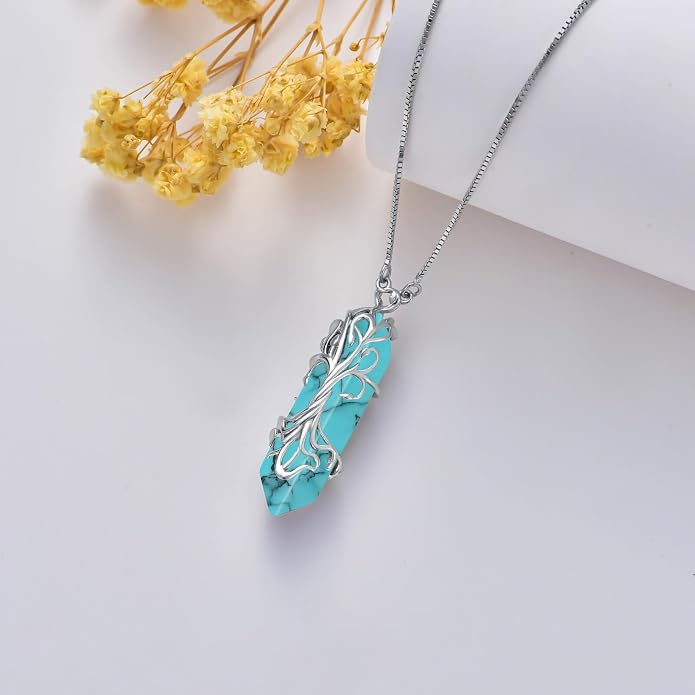 Healing Crystal Necklace 925 Sterling Silver Sunflower/Tree of Life Wrapped Pendant Reiki Energy Jewelry for Women