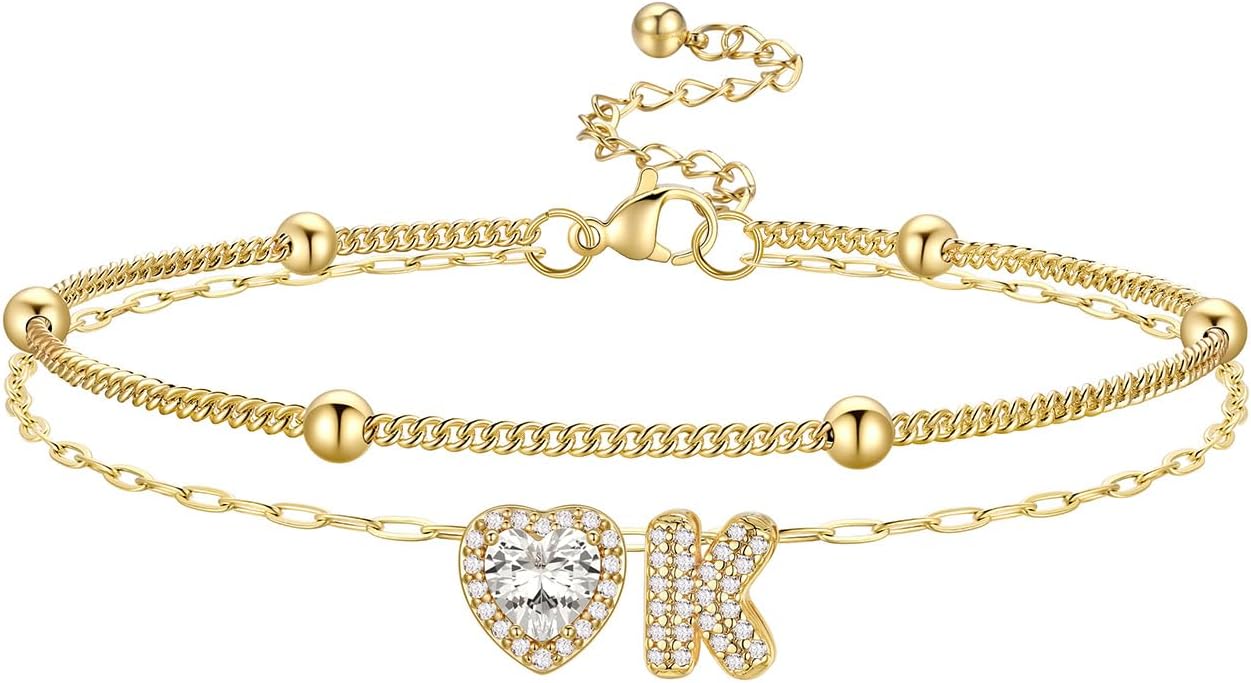 Bestyle Initial Anklet Bracelets for Women Waterproof Non Tarnish 14K Gold/White Gold Plated CZ Anklets for Women Dainty Layered Letter Heart Ankle Bracelets Adjustable Foot Chain Anklet
