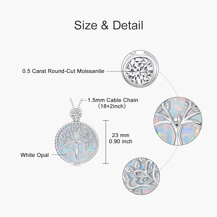 Tree of Life Moissanite Necklace, 925 Sterling Silver 0.5 Carat Moissanite Abalone Shell/Opal/Black Onyx/Turquoise/Malachite/Tiger Eye Stone Tree of Life Pendant Necklaces Jewelry Gift for Women Mom