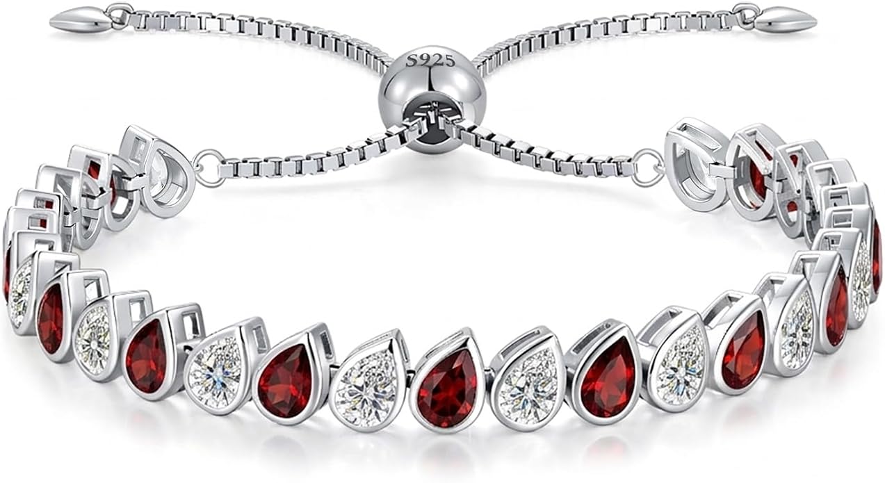 Birthstone Tennis Bracelet for Women 925 Sterling Silver Pear Shaped Gemstone Inlaid White Gold Plated Adjustable Chain Gifts for Mom Wife