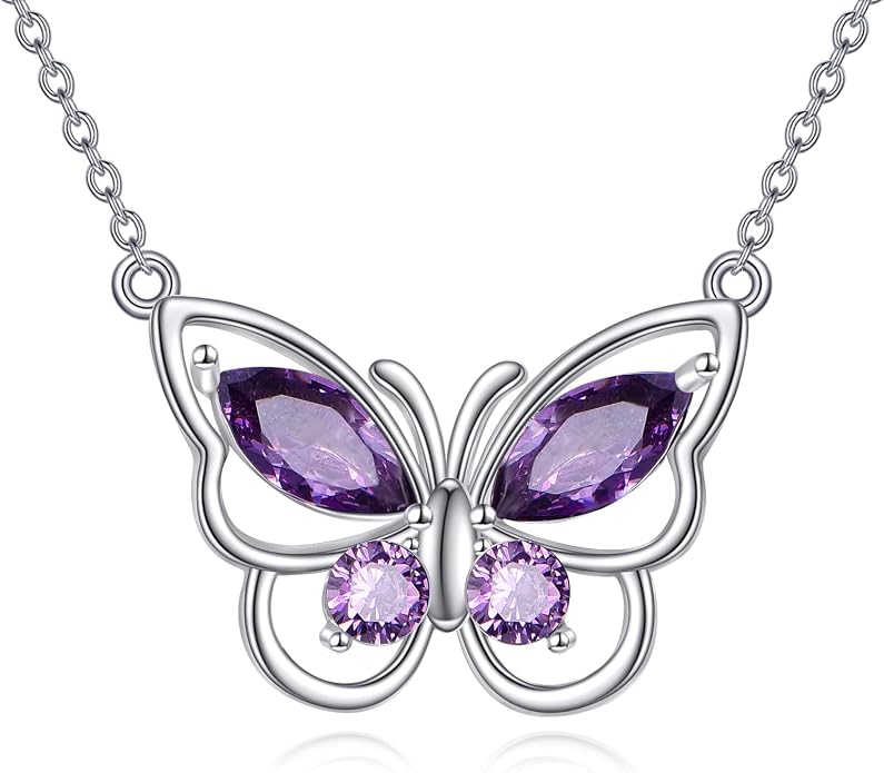 Butterfly Necklace for Women 925 Sterling Silver Crystal Butterfly Pendant Birthstone Amethyst Jewelry Gift