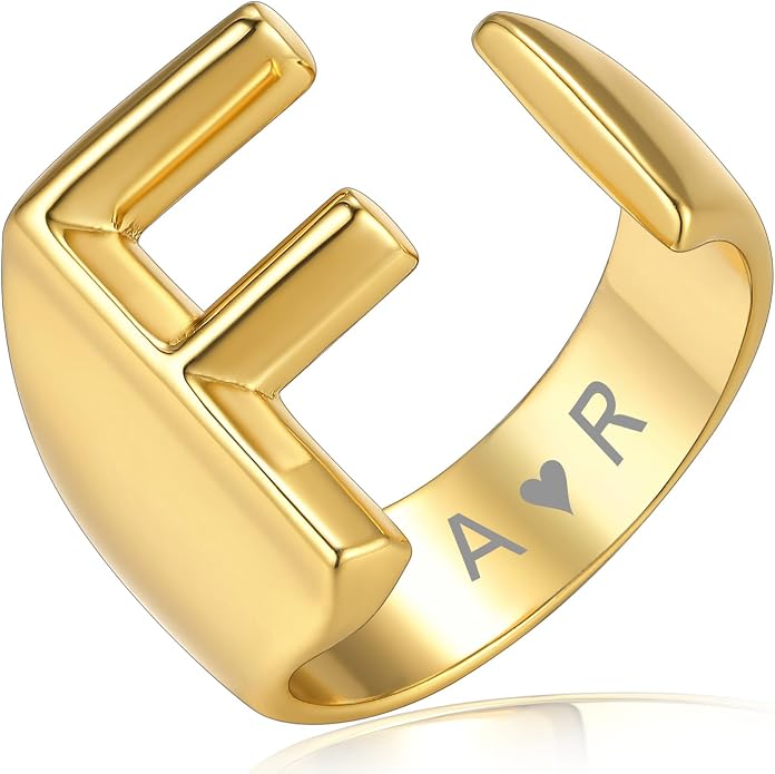 KeyStyle Bold Initial Letter Rings Adjustable, GoldChic Jewelry Women Gold Statement Ring Personalized Engraved Women’s Open Signet Ring for Party (Gold, White Gold, Black)
