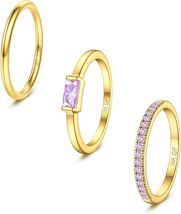 Gold Stackable Birthstone Rings for Women - 18K Gold Filled Non Tarnish Dainty Gold Stacking Rings Set - Cubic Zirconia Thumb Knuckle Ring Wedding Engagement Ring for her Gifts Size 6 7 8 9 10 3pcs