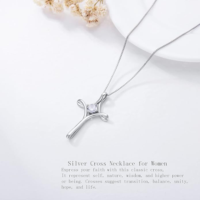 TOUPOP Cross Necklace for Women 925 Sterling Silver Birthstone Cross Pendant Fine Jewelry Anniversary Birthday Mothers Day Gifts for Mom Wife Her