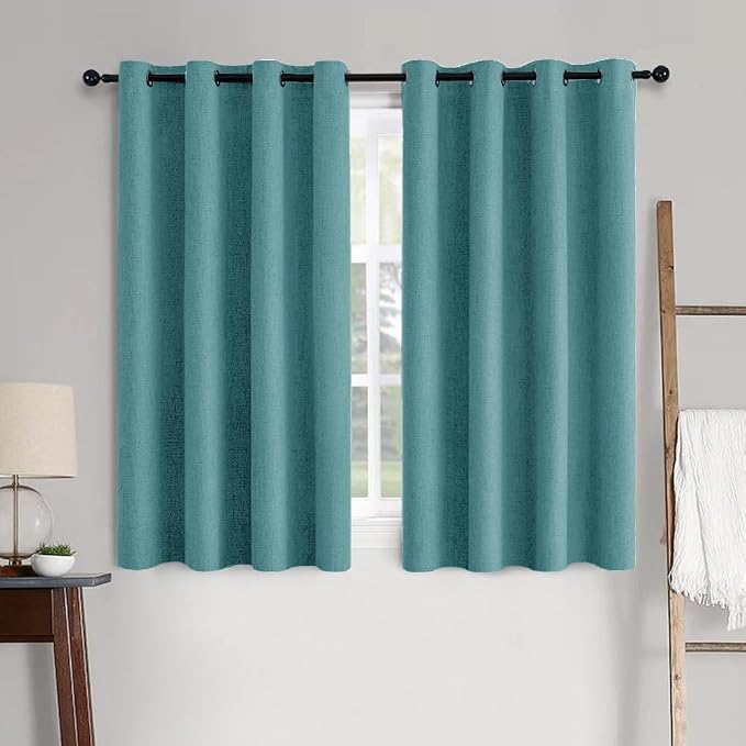 MIULEE 100% Blackout Linen Textured Curtains for Bedroom Solid Thermal Insulated Teal Grommet Room Darkening Curtains & Drapes Luxury Decor for Living Room 52 x 54 Inch (2 Panels)