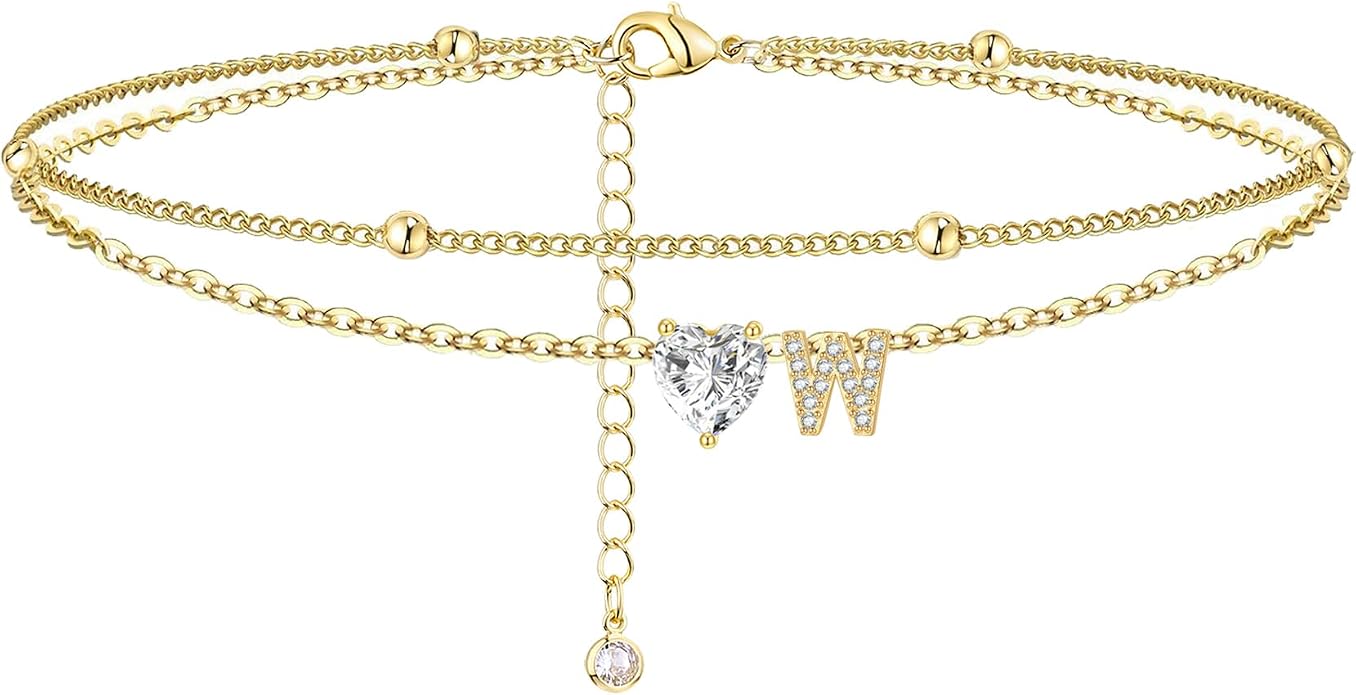 Ankle Bracelets for Women Waterproof 14K Gold Plated CZ Initial Anklet for Women Dainty Layered Letter Heart Ankle Bracelets Handmade Adjustable Foot Chain Anklet Summer Beach Jewelry