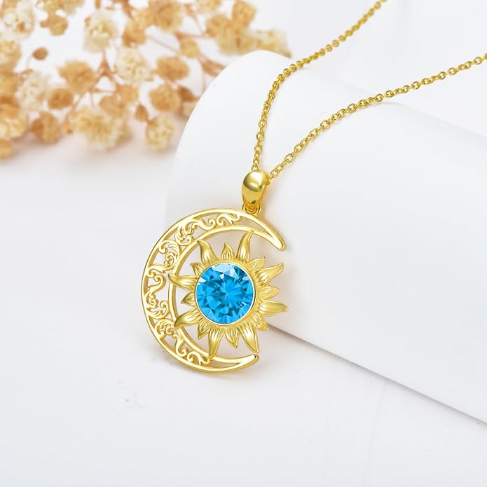 Crescent Moon Necklace for Women 18K Gold Plated Silver Moon and Sun Pendant with Gemstone Dainty Birthstone Jewelry Pendant Necklace for her