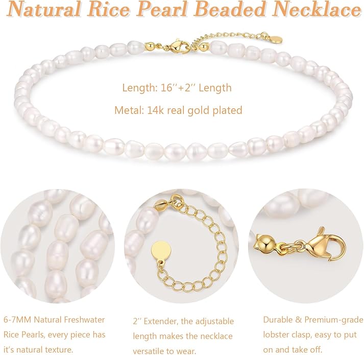 Natural Freshwater Baroque Pearl Necklace 14K Gold Plated Dainty Choker Necklace for Women Girls Snake Chain/Cuban Link/Paperclip/Ball Beaded Chain/Tennis Chain Fashion Jewelry for Gift