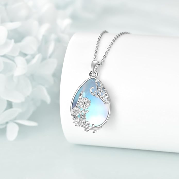 YAFEINI 925 Sterling Silver Moonstone Necklace Filigree Teardrop Pendant Necklace Jewelry for Women Girls