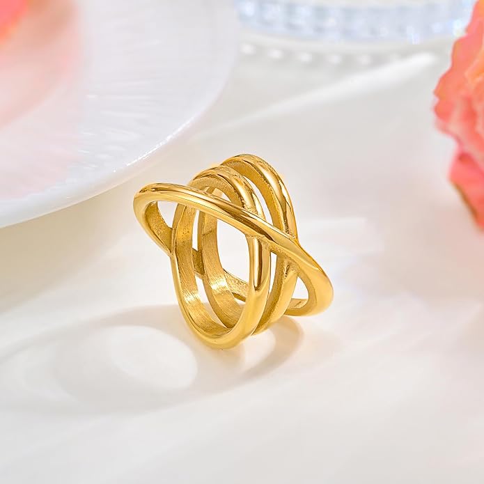 MPRAINBOW Chunky Gold Rings for Women - 18K Gold Plated Ring,Non-Tarnish Stainless Steel Statement Band Trendy Jewelry Gift,Party Prom Christmas Valentines Day Birthday Gifts for Girlfriend Sister