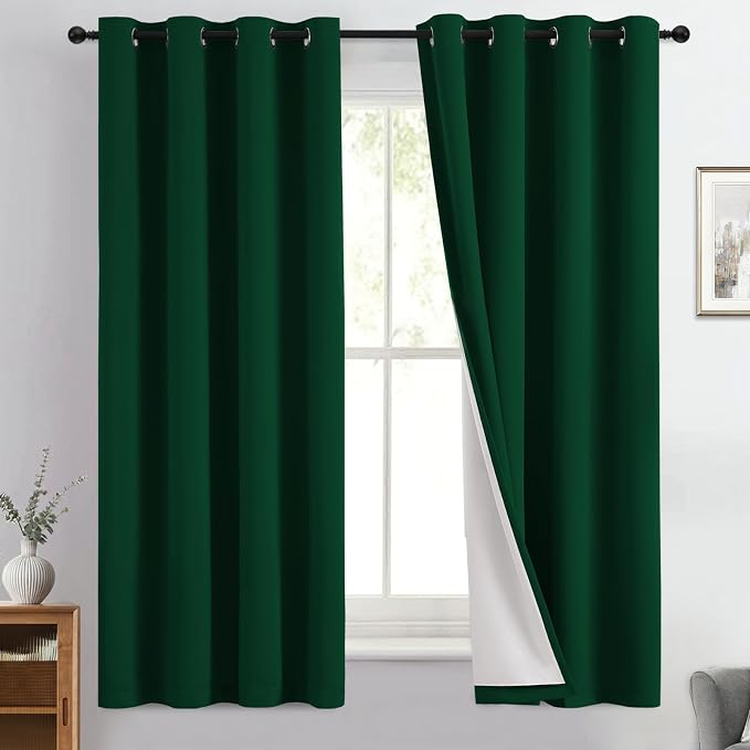 Yakamok Dark Green 100% Blackout Curtains 63 Inches Long 50" Wide 2 Panels | Blackout Curtain Panels for Bedroom, 2 Thick Layers Grommet Top Thermal Insulated Drapes with White Back for Living Room