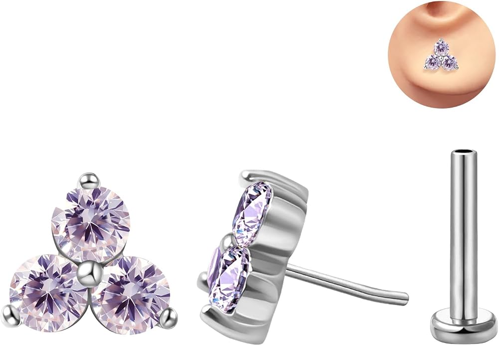 FANSING Cartilage Earring Tragus Stud Trio CZ Stone Flat Back Earring for Helix Conch Threadless Push Pin Labret Stud