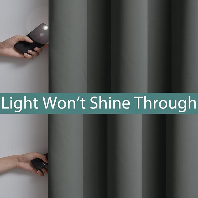 Yakamok Dark Grey 100% Blackout Curtains 96 Inches Long 62" Wide 2 Panels | Blackout Curtain Panels for Bedroom, 2 Thick Layers Grommet Top Thermal Insulated Drapes with Black Liner for Living Room