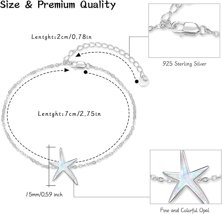 Cuoka Starfish Bracelet 925 Sterling Silver with White Fire Opal Chain Bracelets Ocean Jewelry Birthday For Women