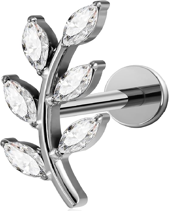 FINE4U 1PC Leaf Flat Back Stud Flat, Helix, Conch, Tragus 6mm 8mm - ASTM F136 Titanium Screw on Body Piercing Jewelry