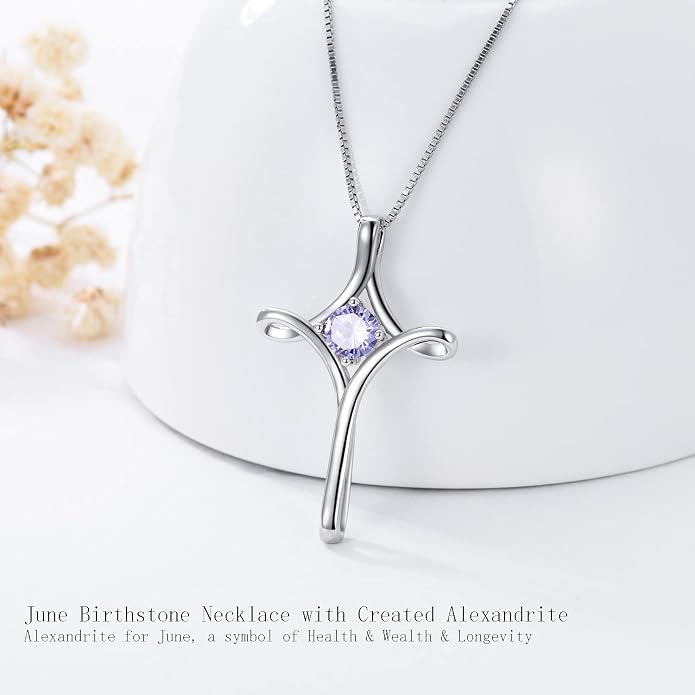 TOUPOP Cross Necklace for Women 925 Sterling Silver Birthstone Cross Pendant Fine Jewelry Anniversary Birthday Mothers Day Gifts for Mom Wife Her