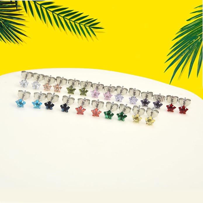 12 Pairs Surgical Stainless Steel Stud Earring Round Heart Star Square Cubic Zirconia Birthstone Stud Earrings Set for Women