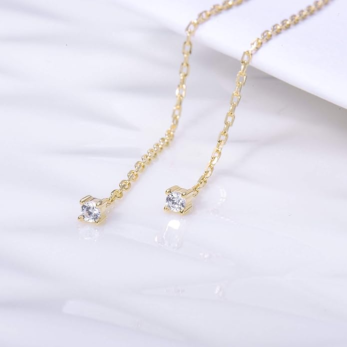 S.Leaf Gold Chain Threader Earrings for Women Trendy 925 Sterling Silver Hypoallergenic Cubic Zirconia Backless Ardant Chain Duster Threader Double Piercing Pull Through Earrings for Women Girls Birthday Gifts