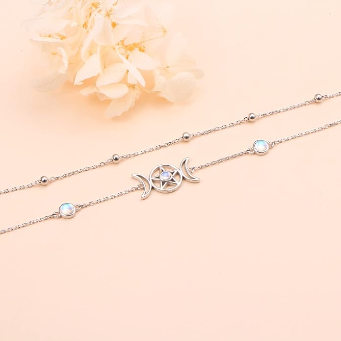 Ladytree S925 Sterling Silver Boho Beach Double Layer Anklets Bracelet for Women Adjustable 9 to 11 inches