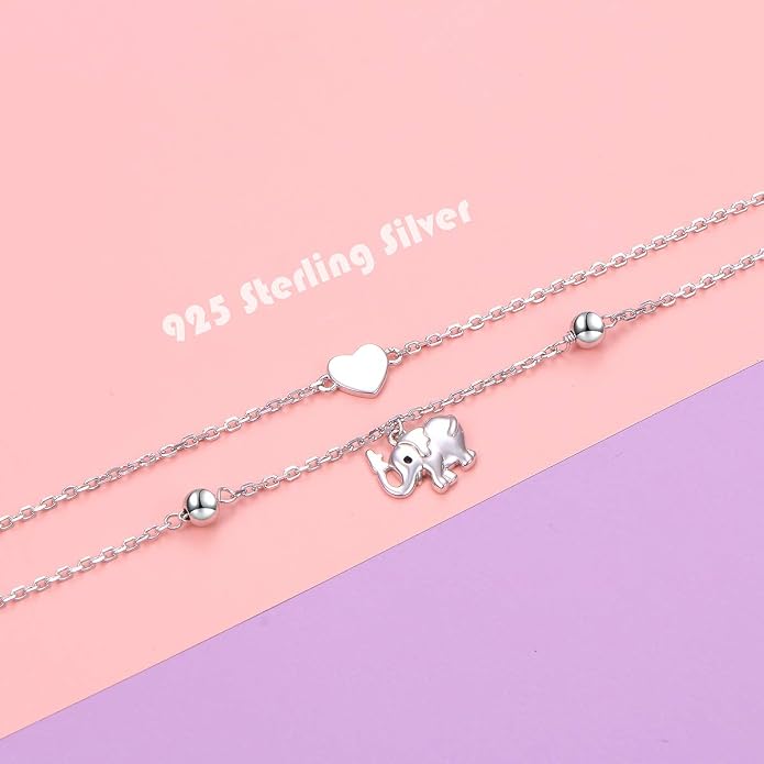 Flyow Anklet for Women S925 Sterling Silver Adjustable Foot Beaded Heart Charm Ankle Bracelet Anklets Jewelry