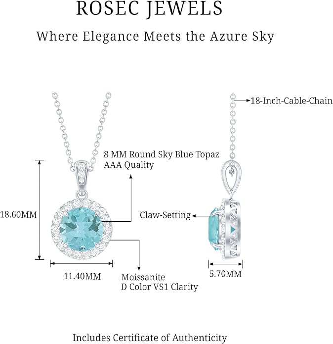 Natural 2 Carat Sky Blue Topaz Necklace With Silver Chain, Aaa Quality, Blue Topaz Birthstone Necklace - Ready To Gift