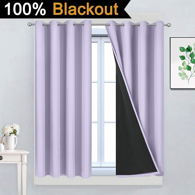 Yakamok Lilac 100% Blackout Curtains 45 Inches Long for Bedroom 52" Wide | Blackout Curtain Panels for Bedroom, 2 Thick Layers Grommet Top Thermal Insulated Drapes with Black Liner for Living Room