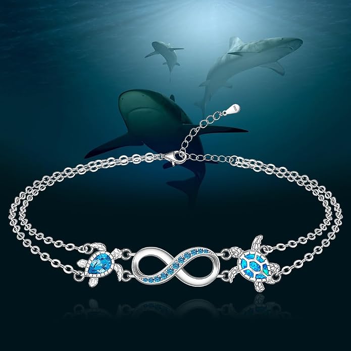 Fenthring Turtle Anklets for Women Turtle Ankle Bracelet Blue Opal Sea Sterling Silver Infinity Wave Ocean Beach Summer Jewelry Mothers Day