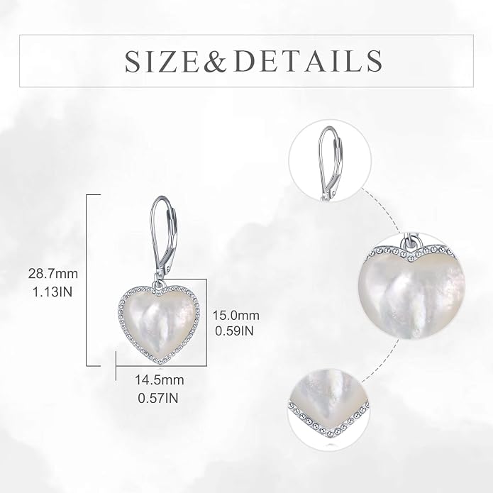 Mother of Pearl/Black Onyx/Abalone Shell Heart Leverback Dangle Earrings Sterling Silver Fashion Jewelry Gifts for Women
