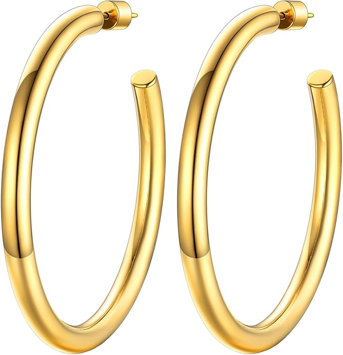 Stainless Steel Chunky Hoop Earrings For Women, Minimalist and Chic, Black/Gold Plated, Round Hoops Earrings Hypoallergenic, Size: 30mm/40mm/60mm/80mm, Come with Box