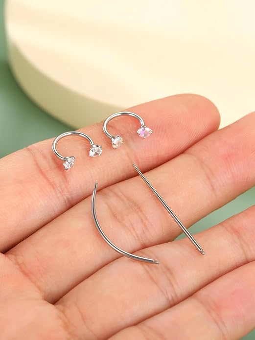 Oveta 18G Horseshoe Nose Rings for Women, 16G 20G Surgical Steel Nose Ring Hoop 6/8/10/12mm, Internally Threaded Tragus Cartilage Helix Earrings Silver/Gold, 3mm CZ