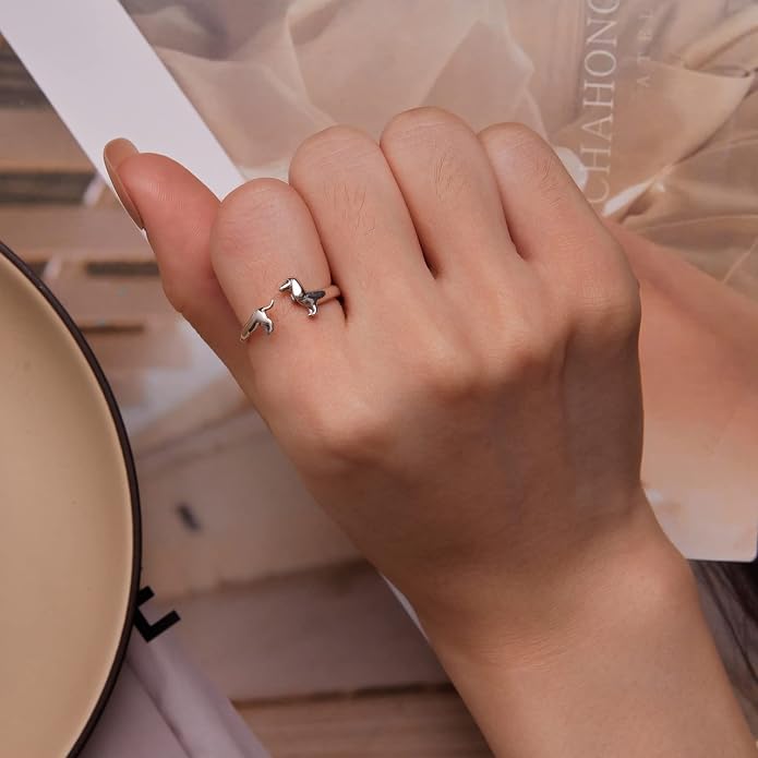 Animal Open Adjustable Ring Playful Cat Dachshund Snake Koi Fish Hummingbird Bat Heart Feather Stacking Ring for Women, Sterling Silver Plated Pet Memorial Jewelry Gift for Cat Lovers