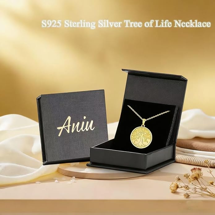 Aniu Tree of Life Necklace for Women, 925 Sterling Silver Mother of Pearl Family Palm Tree Charm Pendant Jewelry for Birthday Christmas Gift