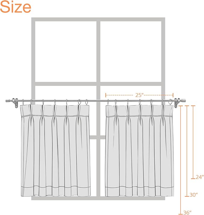 Vision Home White Pinch Pleated Tier Curtains 36 inch, Semi Sheer Kitchen Curtains with Back Tab & Hooks, Light Filtering Small Window Panels for Bathroom Laundry, 25" Wx36 Lx2