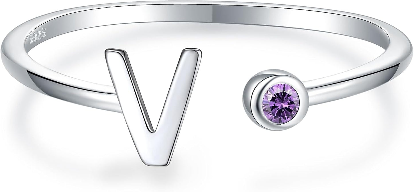 925 Sterling Silver Initial Letter Birthstone Rings for Women Adjustable 1-12 Month Birthstone Alphabet Stacking Ring for Teens Girls Stackable Birthstone Rings Birthday Jewelry Gift for Daughter Mom