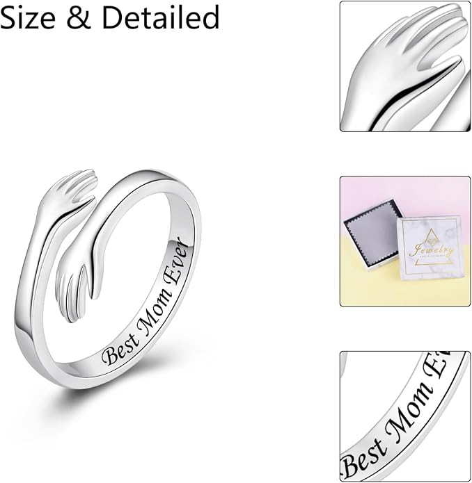 S925 Sterling Silver Hug Rings for Women Teen Girls Adjustable Ring for Granddaughter Daughter Hope Promise Friendship Hand Ring Jewelry for Birthday Graduation Christmas Mothers Day Valentines Gifts