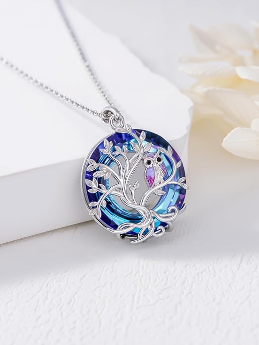 TOUPOP Sterling Silver Tree of Life Hummingbird/Dragonfly/Owl/Panda Necklace Crystal Bird Jewelry Birthday Christmas Valentines Day Gifts for Her Girlfriend Mom