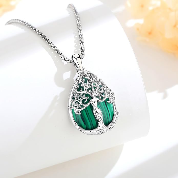 AEONSLOVE Tree of Life Necklace with Crystal for Women, Amethyst/Obsidian/Turquoise/Moonstone/Malachite Crystal Pendant Necklaces for Ladies