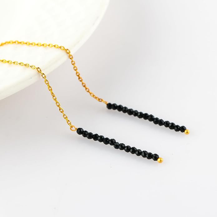 Natural Gemstone Threader Earrings for Women - Dainty 2mm Faceted Beads - Birthstone Crystal Drop Earrings - Silver Plated Healing Jewelry