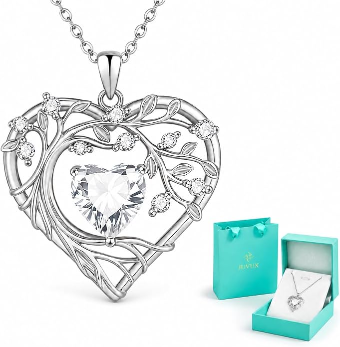 Tree of Life Birthstone Pendant Necklace - 925 Sterling Silver Heart Cubic Zirconia Diamond Women Pendant Necklaces for Her Daughter Girlfriend Birthday Gift Ideas for Wife Mom for Valentines Day