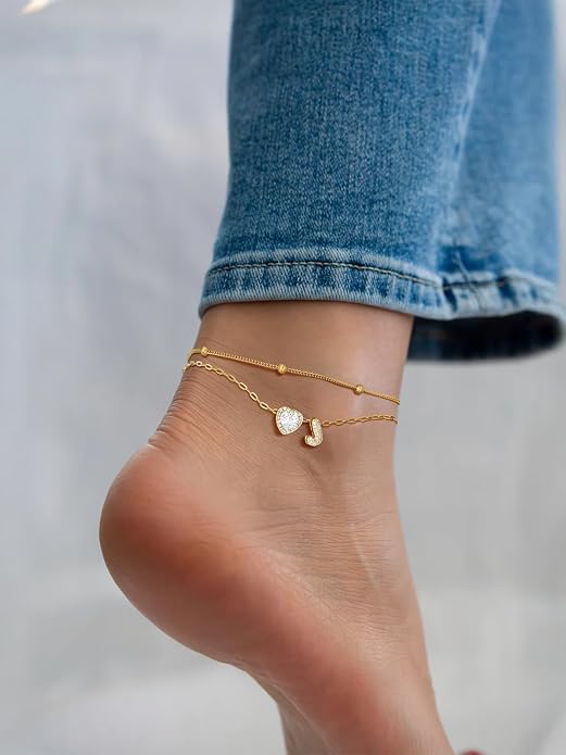 FindChic Silver/14K Gold Plated Layered CZ Initial Ankle Bracelet for Women | Waterproof Stainless Steel, Cubic Zirconia Letter Charm, Non-Tarnish, Hypoallergenic, Adjustable Extender, Summer Jewelry