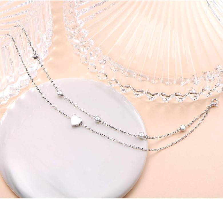 Flyow Anklet for Women S925 Sterling Silver Adjustable Foot Beaded Heart Charm Ankle Bracelet Anklets Jewelry