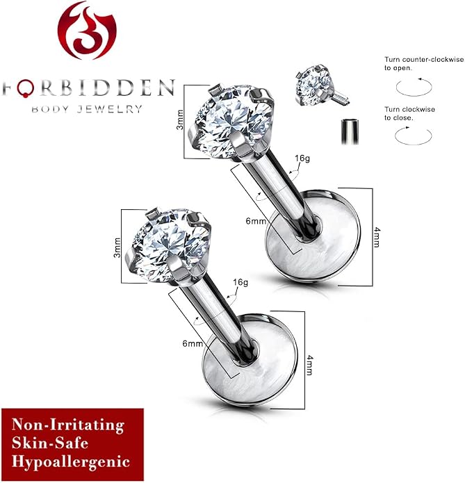 16 g Titanium Internally Threaded Tragus Piercing Jewelry CZ Top Flat Back Piercing Nose Studs Earring, Helix, Cartilage, Labret, Monroe for Women or Men