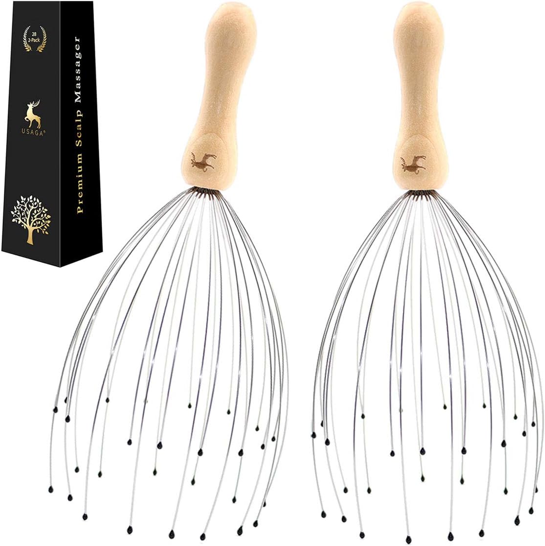 USAGA 28 Finger Head Scratcher, Head Massager, Scalp Massager for Scalp Body Relaxing Wood Handle (2 Pack)