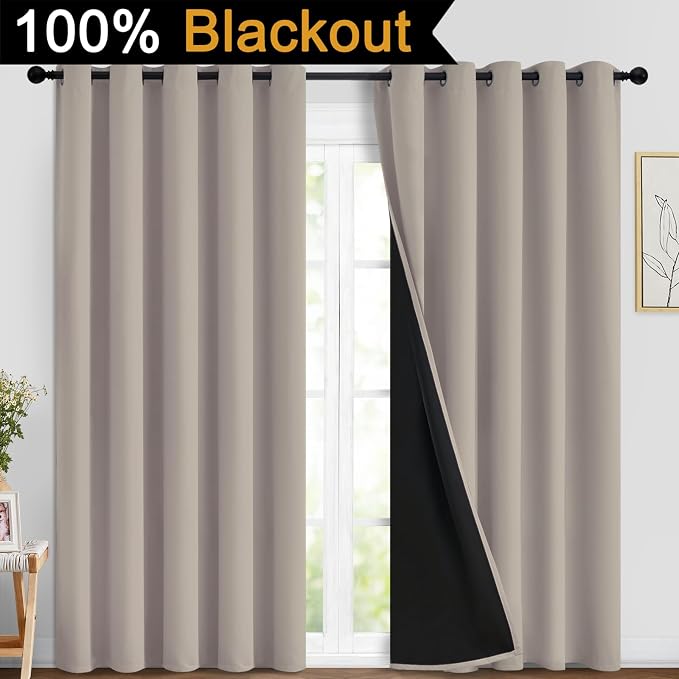 Yakamok Natural Blackout Curtains 84 Inches Long for Bedroom 70" Wide 2 PCS | Blackout Curtain Panels for Bedroom, 2 Thick Layers Grommet Top Thermal Insulated Drapes with Black Liner for Living Room